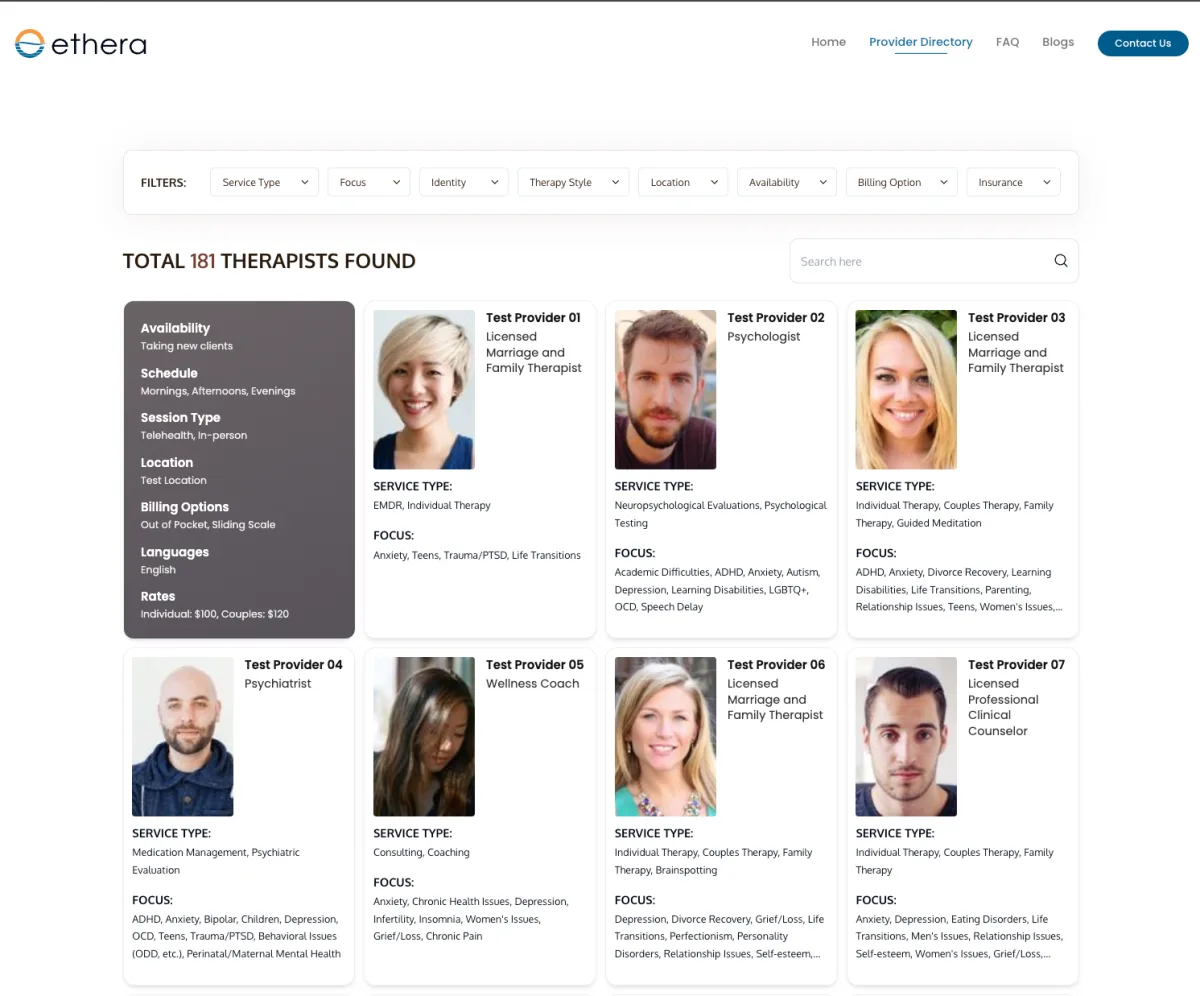 Ethera provider directory listing with sample therapist profiles
