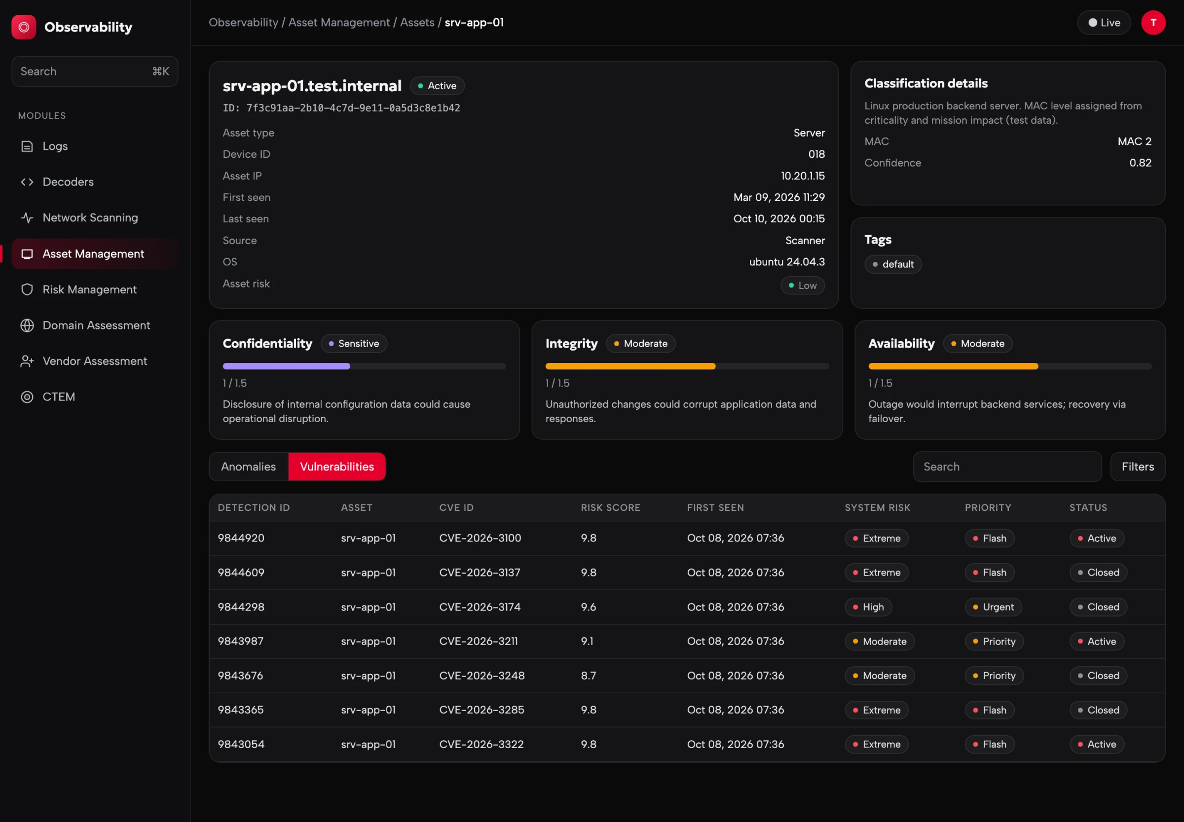 Asset detail with CIA ratings and vulnerabilities
