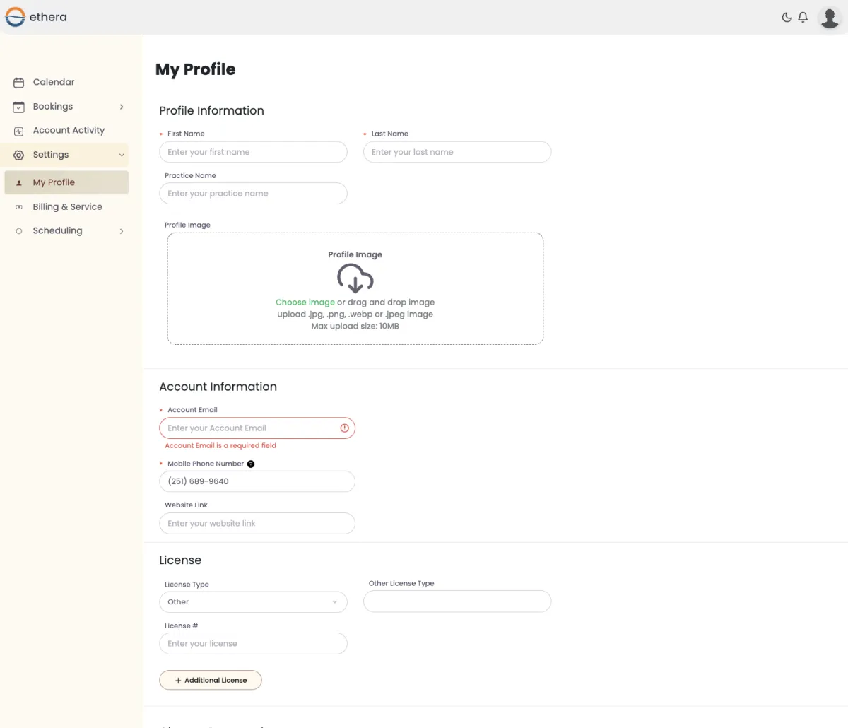 Ethera provider profile settings form