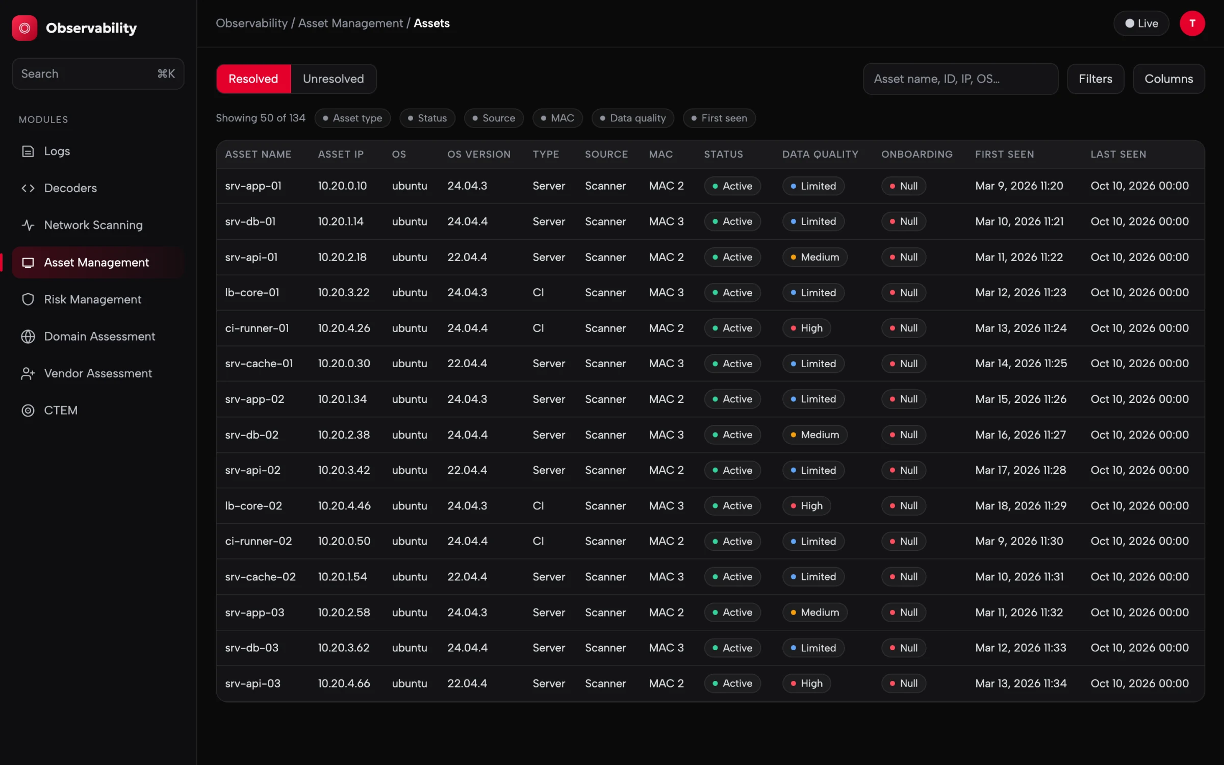 Asset inventory table with filters