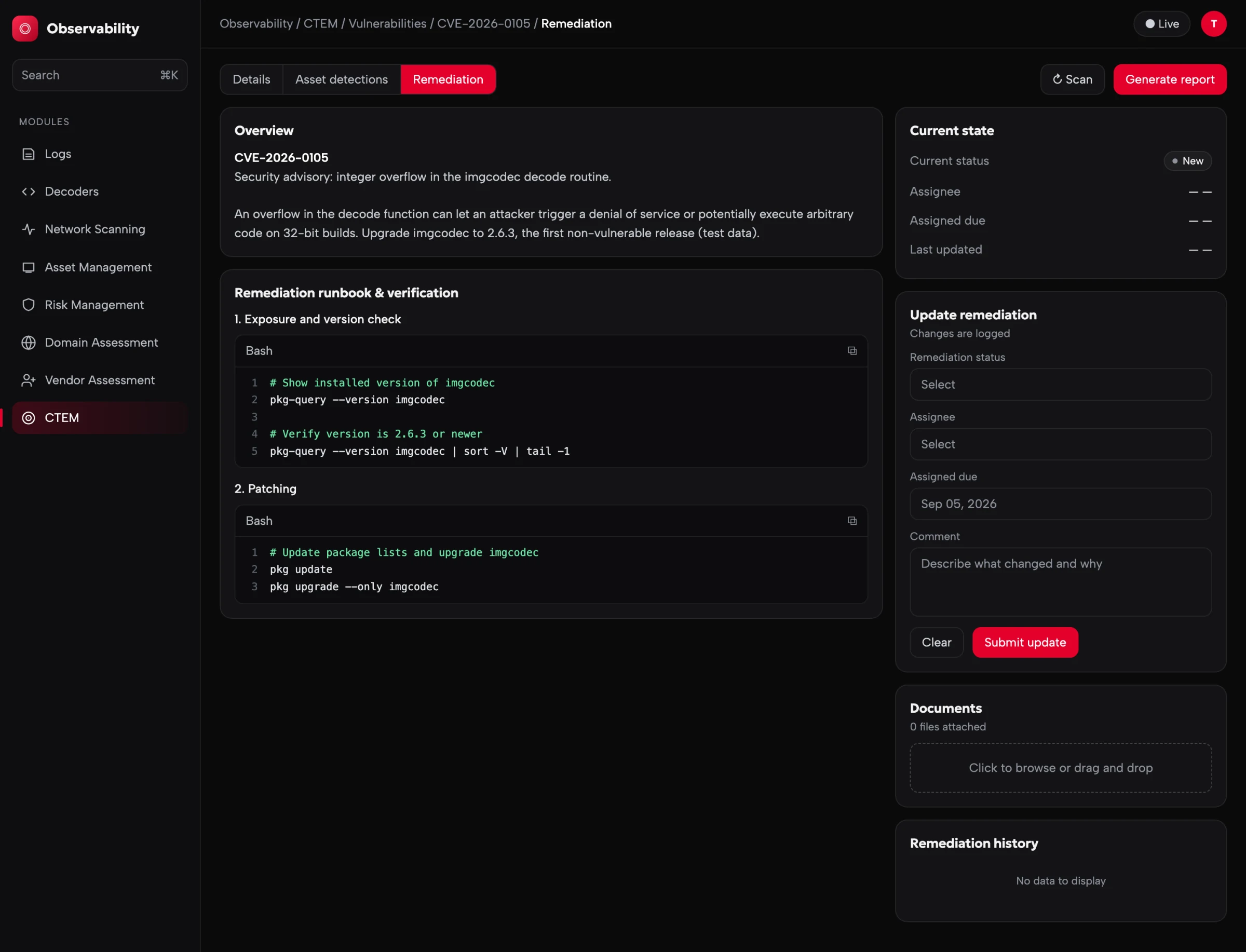 Remediation workflow with runbook and status update form