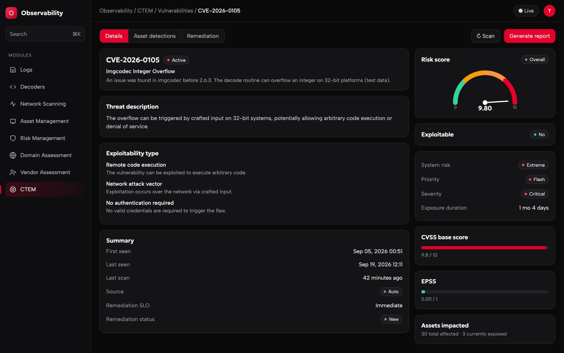 CVE detail with risk score, exploitability and summary