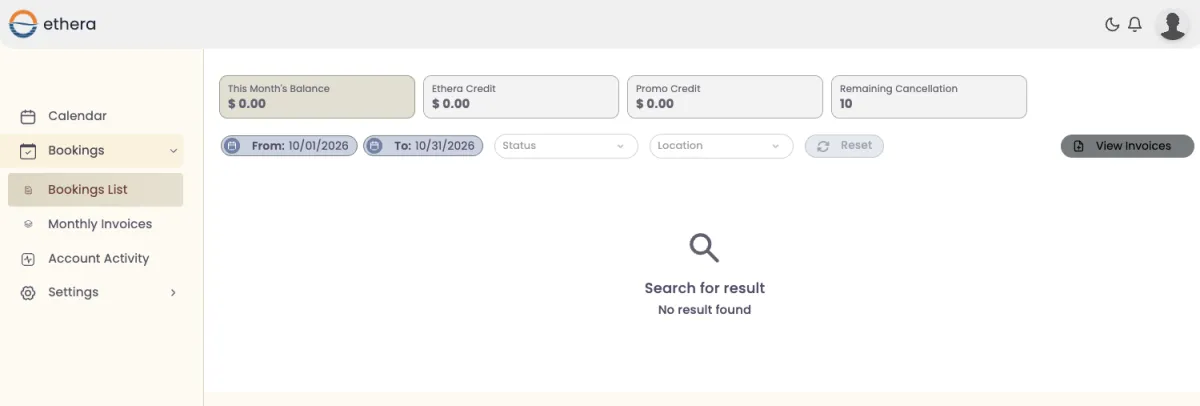 Ethera bookings list with balance and credit summary