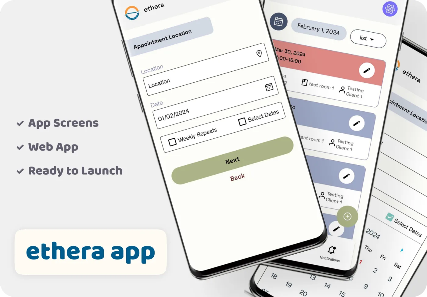Ethera app screens for appointment location and calendar list