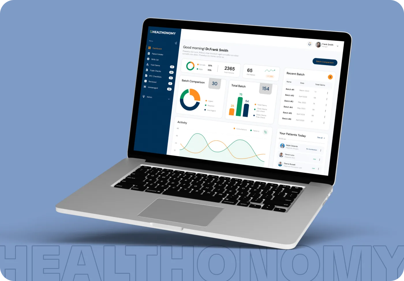 Healthonomy dashboard on a laptop showing batches, claims and patients