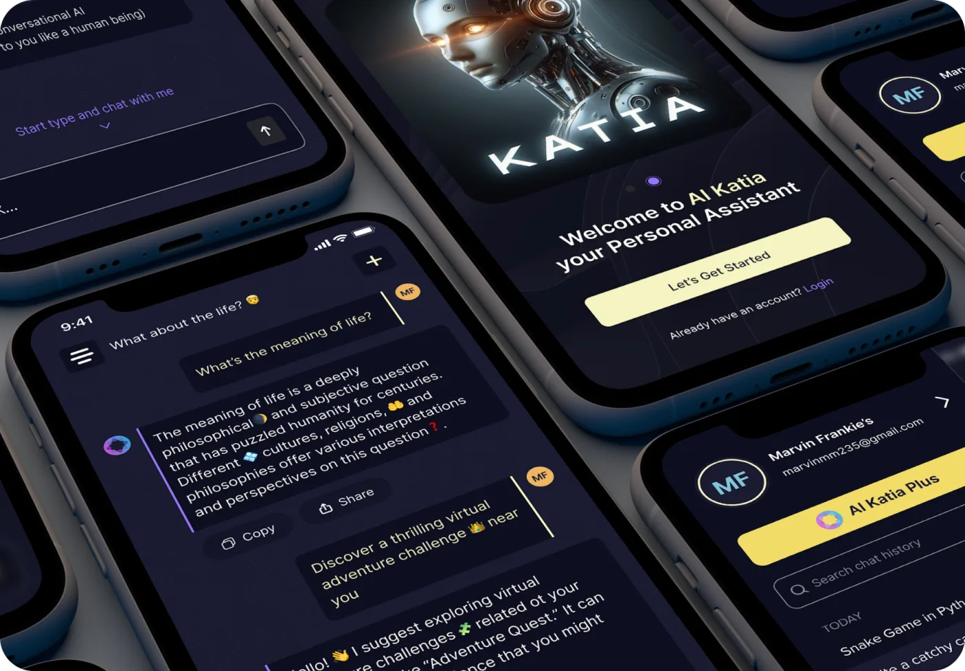 Katia AI assistant app screens showing a welcome page, chat and profile