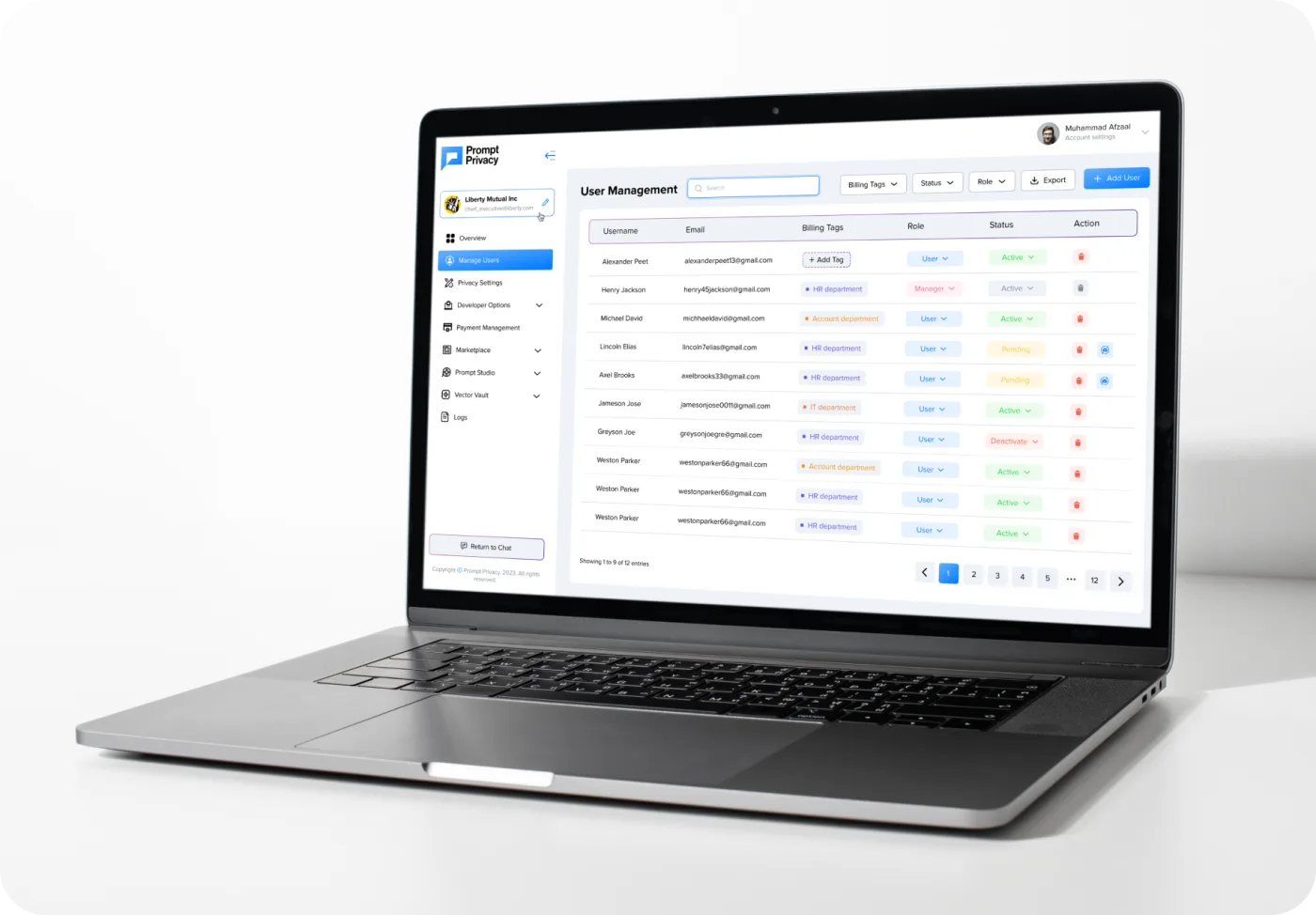 Prompt Privacy user management screen showing users, billing tags, roles and status