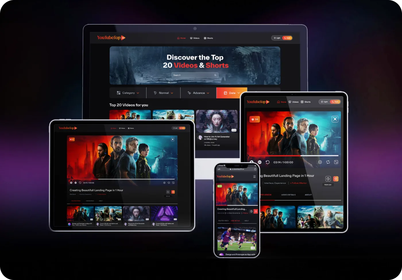 YouTubeTop20 shown across desktop, tablet and phone